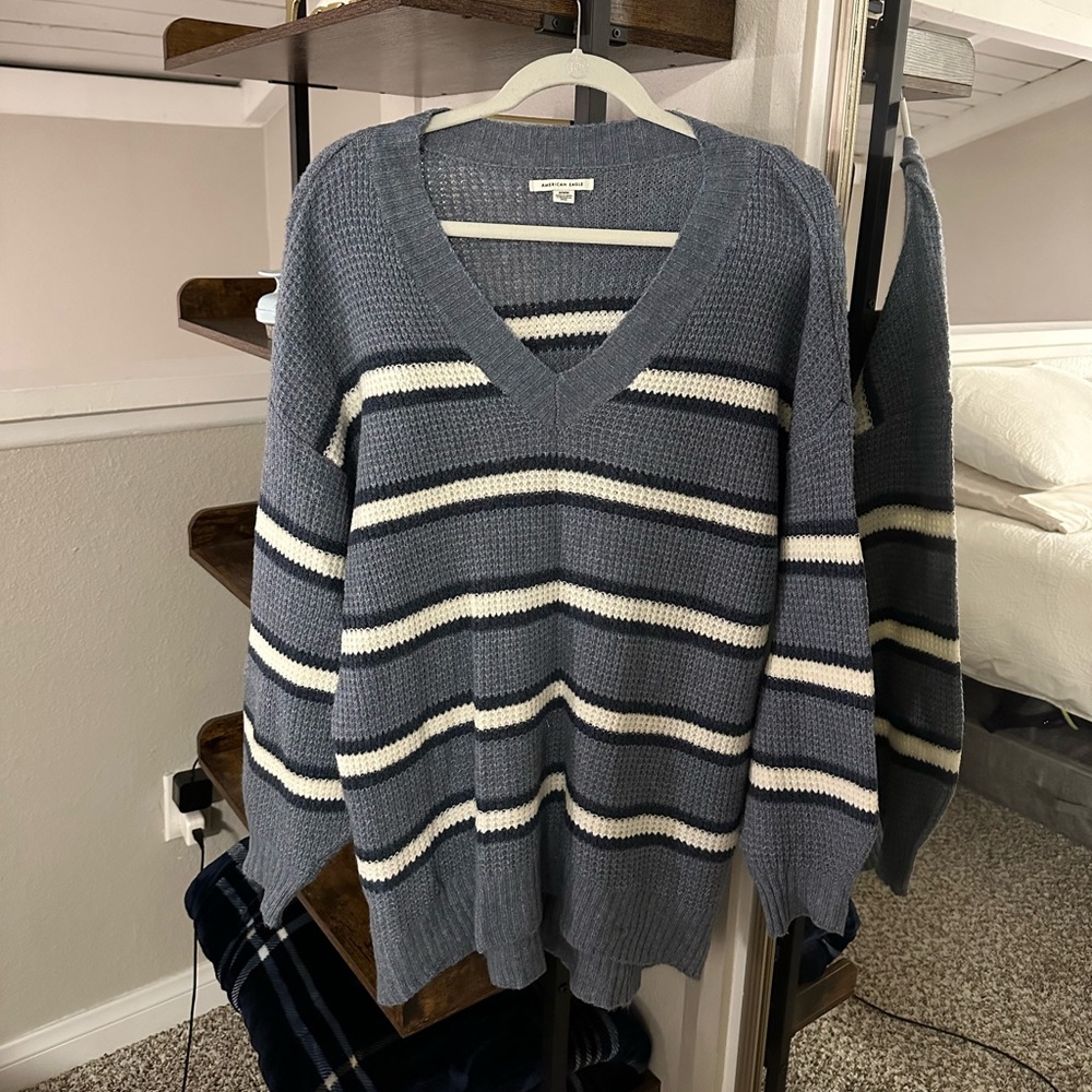 America Eagle Long Oversized V-Neck Striped Sweater